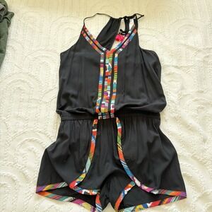 Nanette Lepore Romper Women Medium Black NWOT Sleeveless V-Neck Embroidered Trim